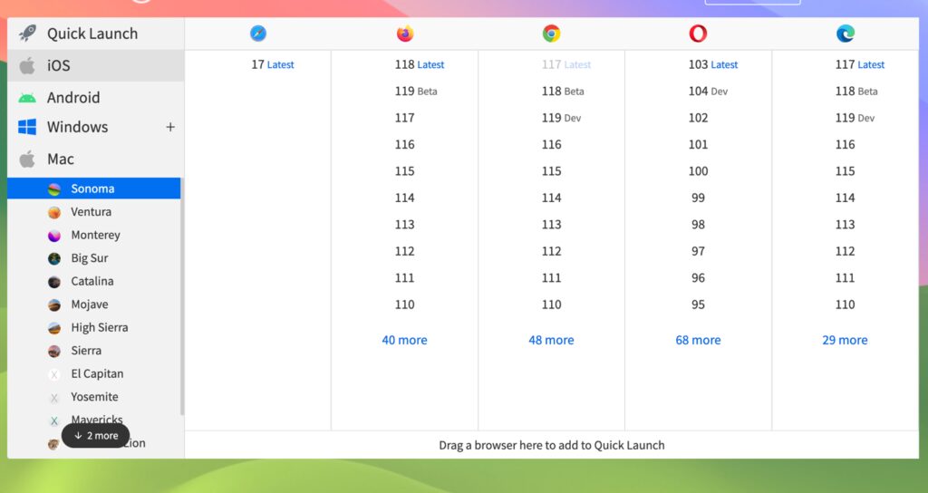 BrowserStack Live Mac browser selection screen showing Safari, Chrome, Firefox, Opera, and other versions