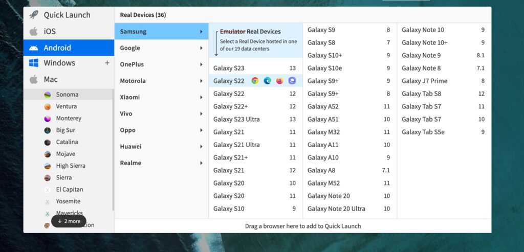BrowserStack Live Android device selection screen with Samsung Galaxy and other Android models for testing