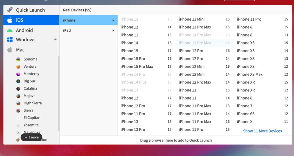 BrowserStack Live iOS device selection screen with multiple iPhone and iPad models for manual testing