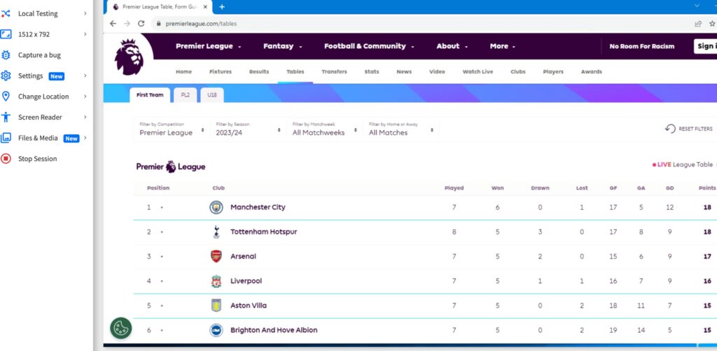 BrowserStack Live manual browser testing on Windows with Chrome showing Premier League web application