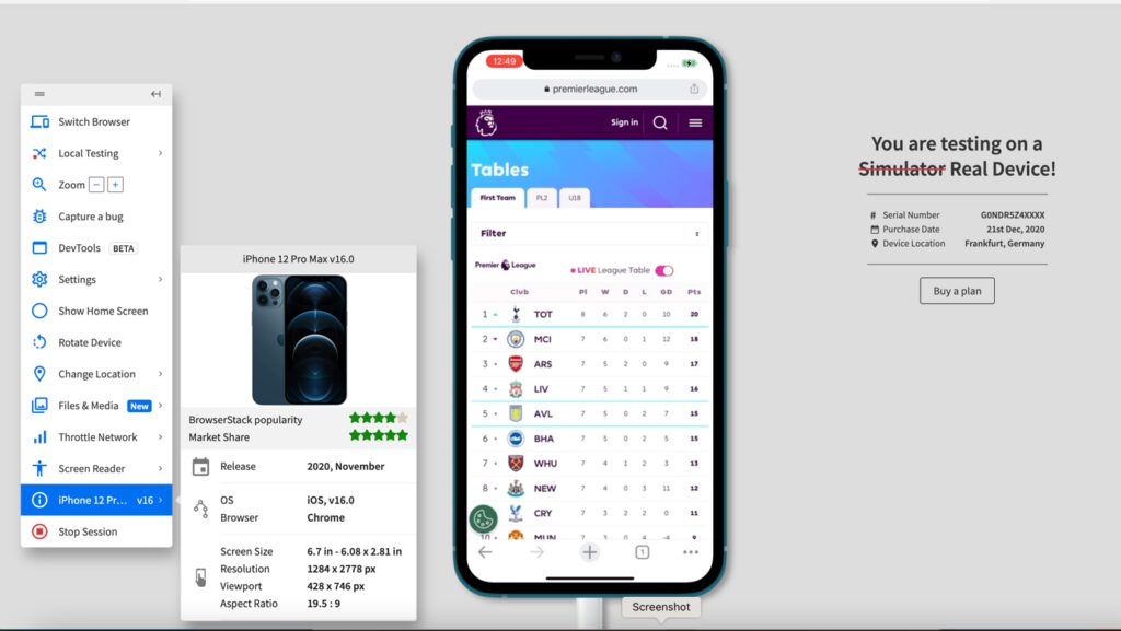 BrowserStack Live testing on Samsung Galaxy emulator with live web session and debugging options