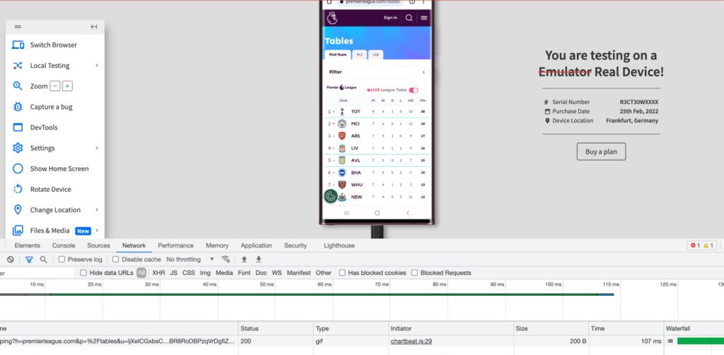 BrowserStack Live manual testing on Android emulator with developer tools and network logs for debugging