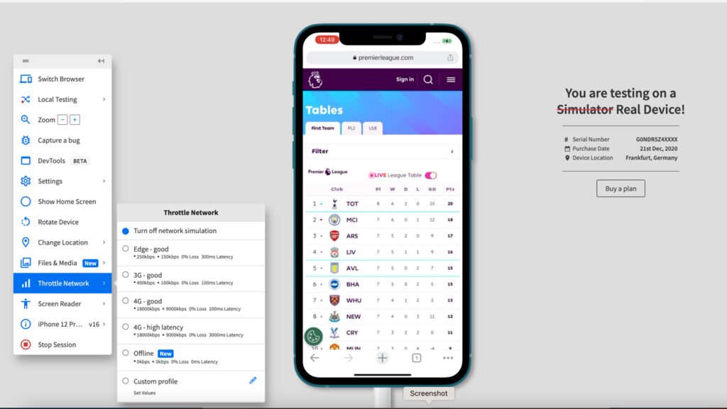 BrowserStack Live network throttling feature to simulate 2G, 3G, 4G, Edge, and offline conditions during manual testing
