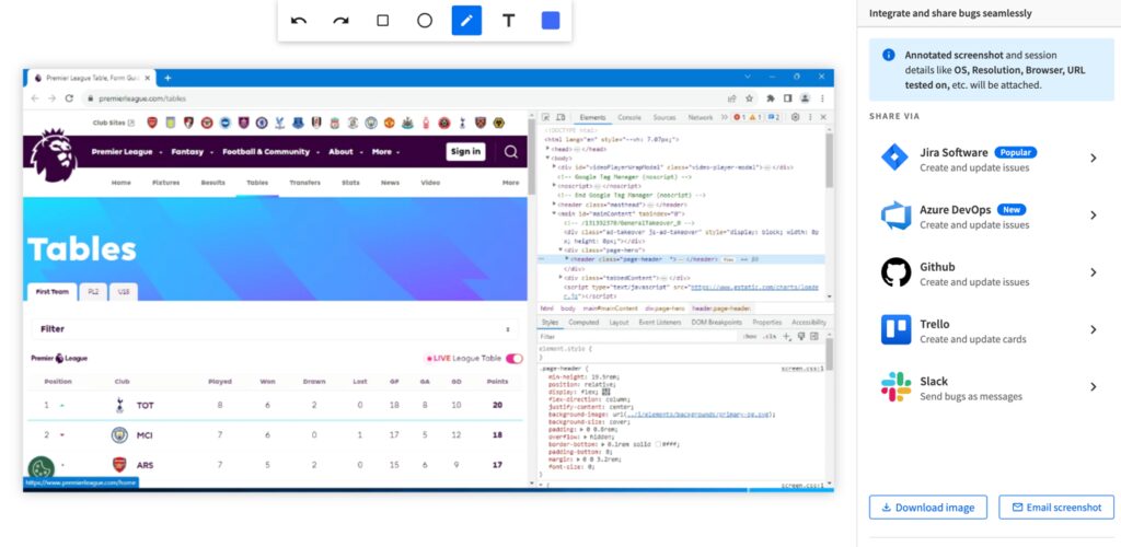BrowserStack Live screenshot annotation and bug reporting integrated with Jira, GitHub, Trello, Slack, and Azure DevOps
