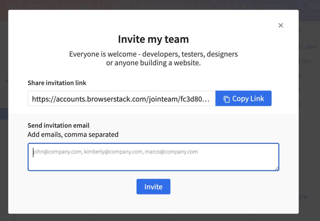 BrowserStack Live collaboration feature allowing testers and developers to invite team members via email or link