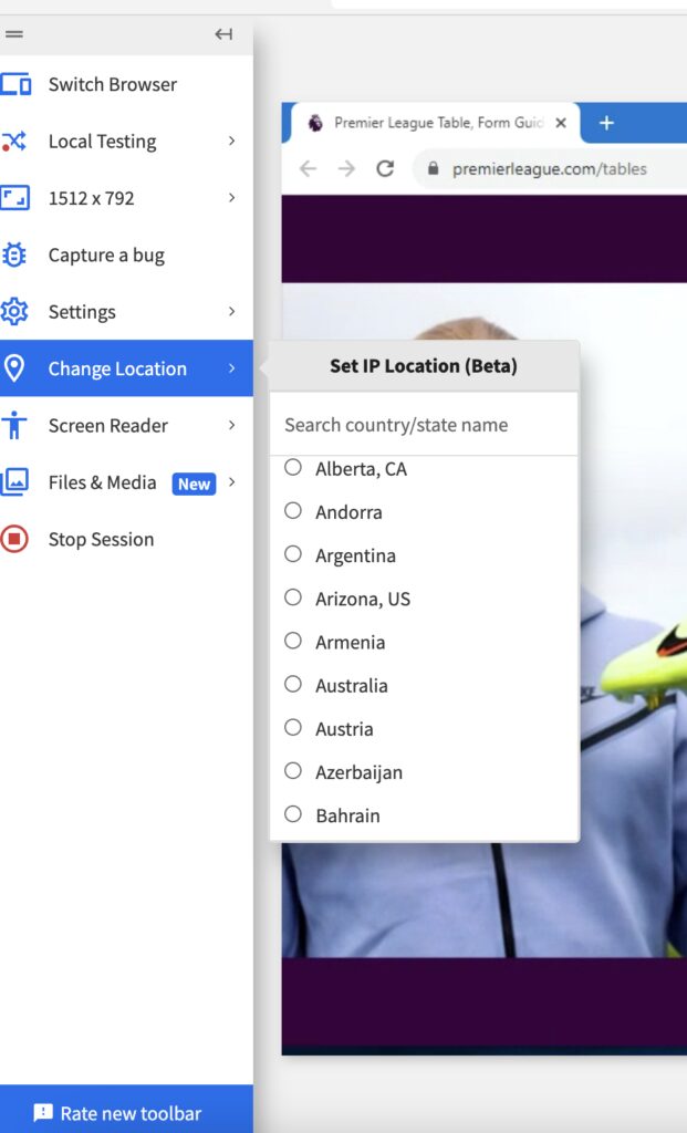 BrowserStack Live geolocation testing feature to simulate user access from different countries and regions
