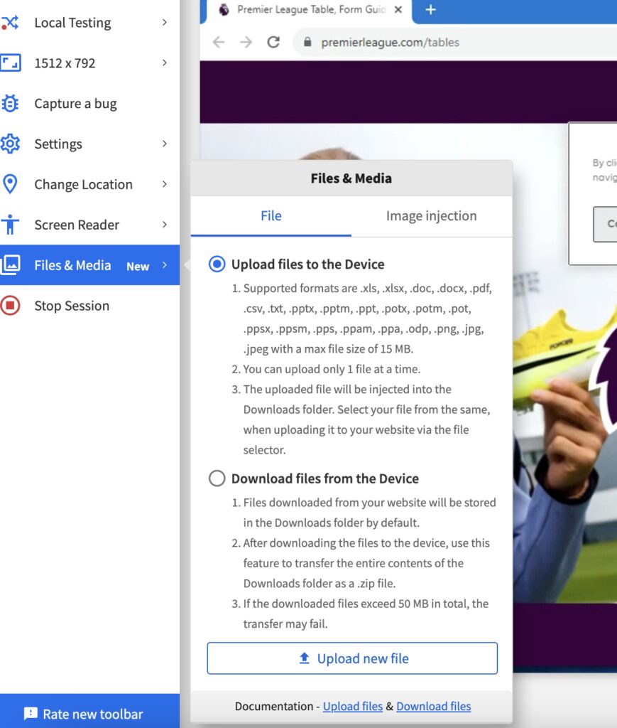 BrowserStack Live file upload and download feature for transferring test assets during manual web testing