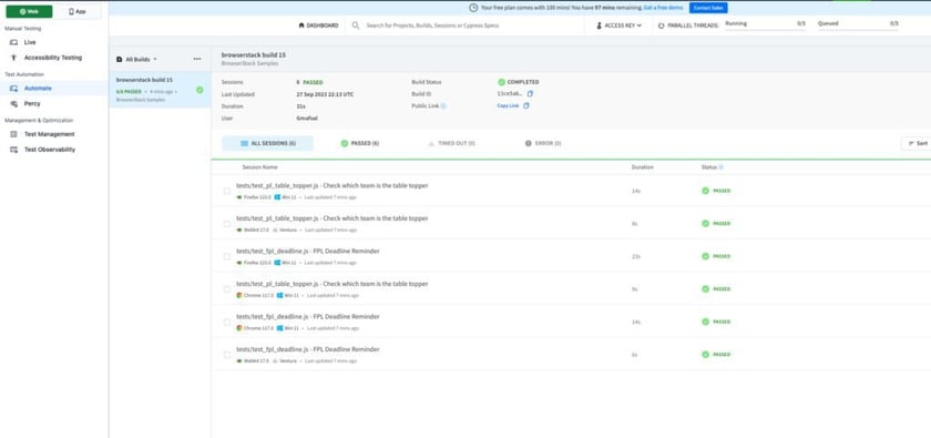 BrowserStack Automate dashboard displaying multiple Playwright regression tests with pass results