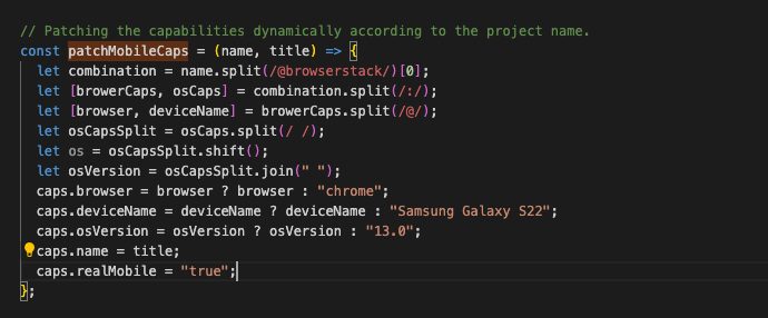 BrowserStack Automate Playwright code example for patching mobile test capabilities on Samsung Galaxy S22