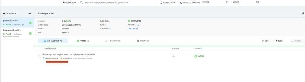 BrowserStack Automate dashboard showing automated mobile test execution on Samsung Galaxy S22 with logs and results